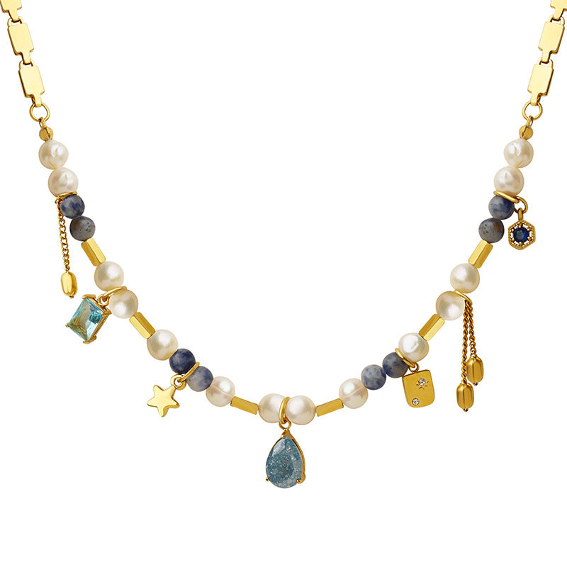 Mix Match Geometric Abstract Material Natural Stone Freshwater Pearl Titanium Steel Embellished Necklace Stitching Heavy Industry to Create Copper Material Chain