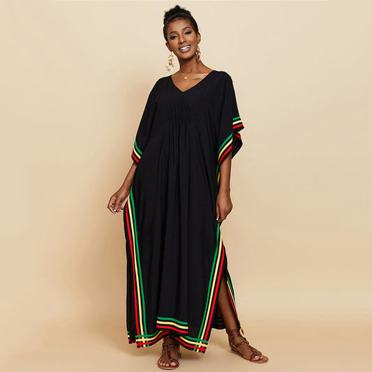 Rayon Pressure Color Stripes Beach Cover-up Sexy Loose Robe Vacation Dress Beach Cover Up