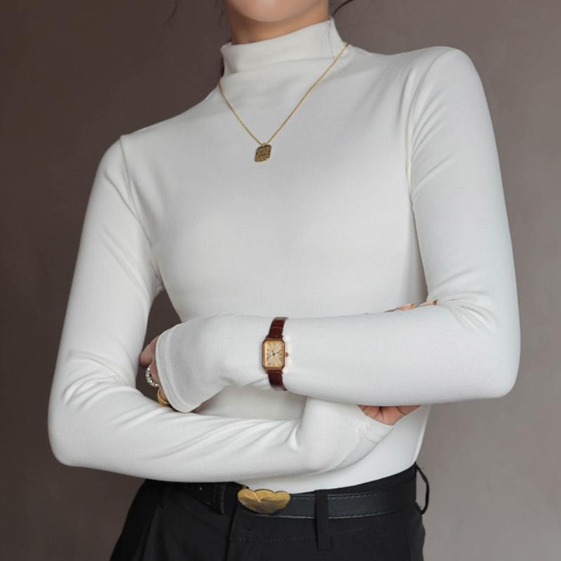 Women Clothing Autumn Winter Simple Solid Color Upper Clothes Long Sleeves T shirt Half Turtleneck Bottoming Shirt
