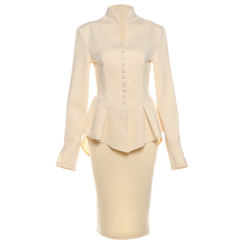 Women Clothing Autumn Graceful Stand Collar Button Blazer Slim Sheath Skirt Set Women
