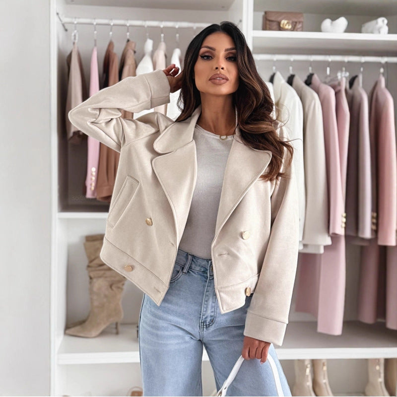 Wome Clothing Slim Collared Button Suede Short Coat