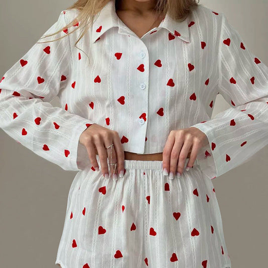 Spring Pure Cotton Jacquard Pajamas Two Piece Set Heart Printing Long Sleeve Shorts Ladies Homewear