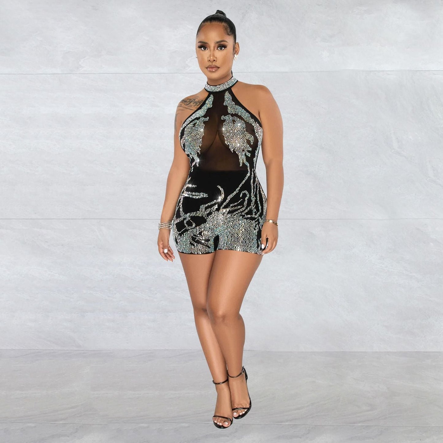 Summer Women Clothing Sexy Tight Mesh See through Rhinestone Jumpsuit for Women