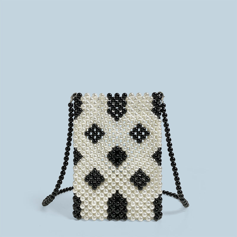 Handmade Beaded Bag Women Contrast Color Small Fresh Pearl Mobile Phone Bag Shoulder Messenger Bag Exquisite