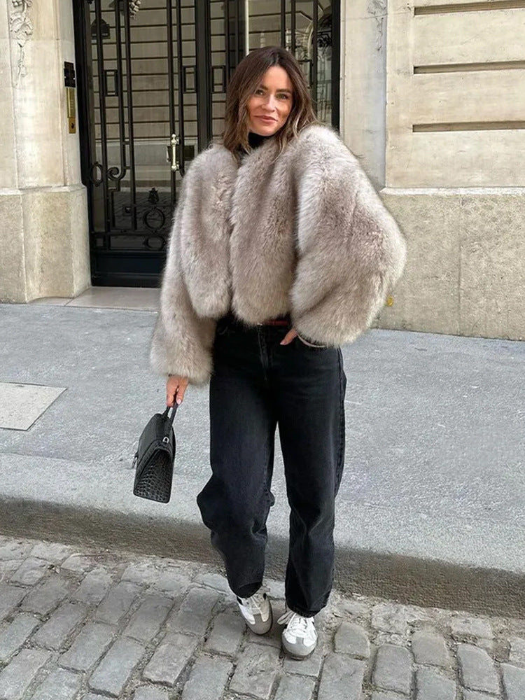 Faux Fur Coat Soft Fur Collar Wide Cuff Matching Sweater Jeans Design Autumn Winter Clothing
