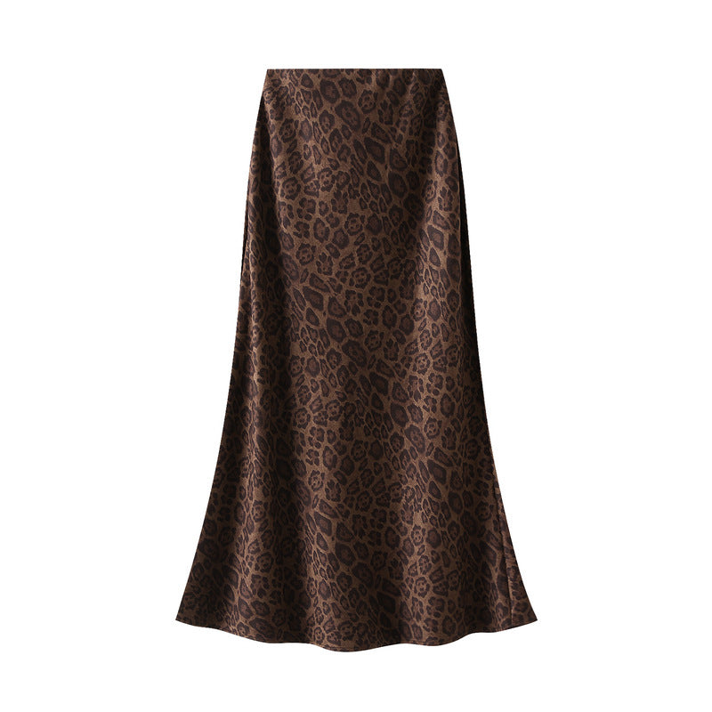 Leopard Print Women Autumn Winter High Waist Slimming Fishtail Skirt Mid Length One Step Skirt