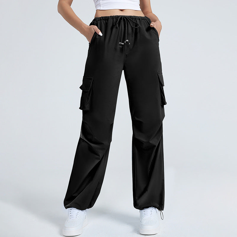 Retro Straight Wide Leg Pants Women Autumn Solid Color Multi Pocket Loose Baggy Trousers Casual Working Pants