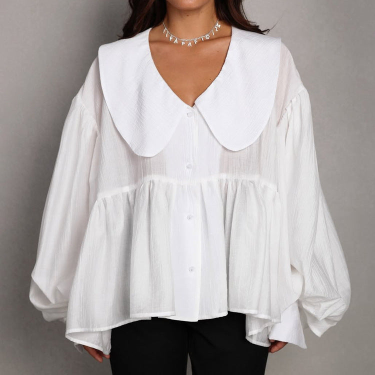 French Casual White Shirt Autumn Doll Face Puff Sleeve Loose All Matching Cardigan Shirt