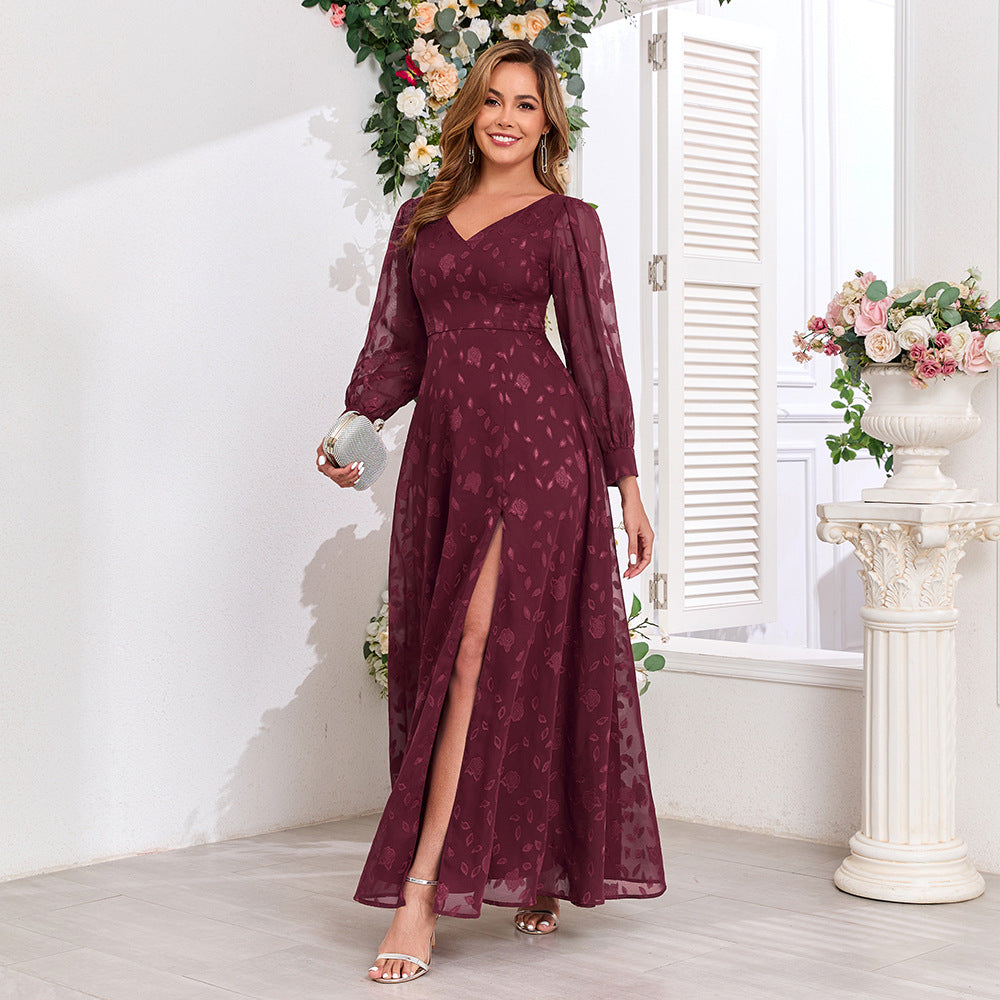 Autumn Quality Long Sleeve Double V neck High Slit Lace Dress Fully Lined Party Back Skirt with Zipper