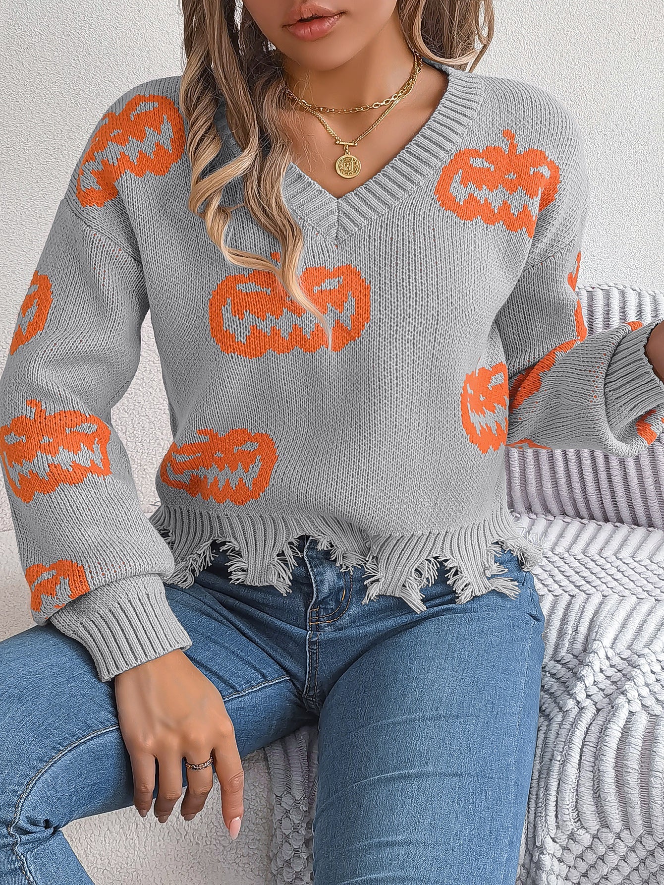 Autumn Winter Halloween Contrast Color Pumpkin Cut Rotten Long Sleeve Pullover Women Clothing