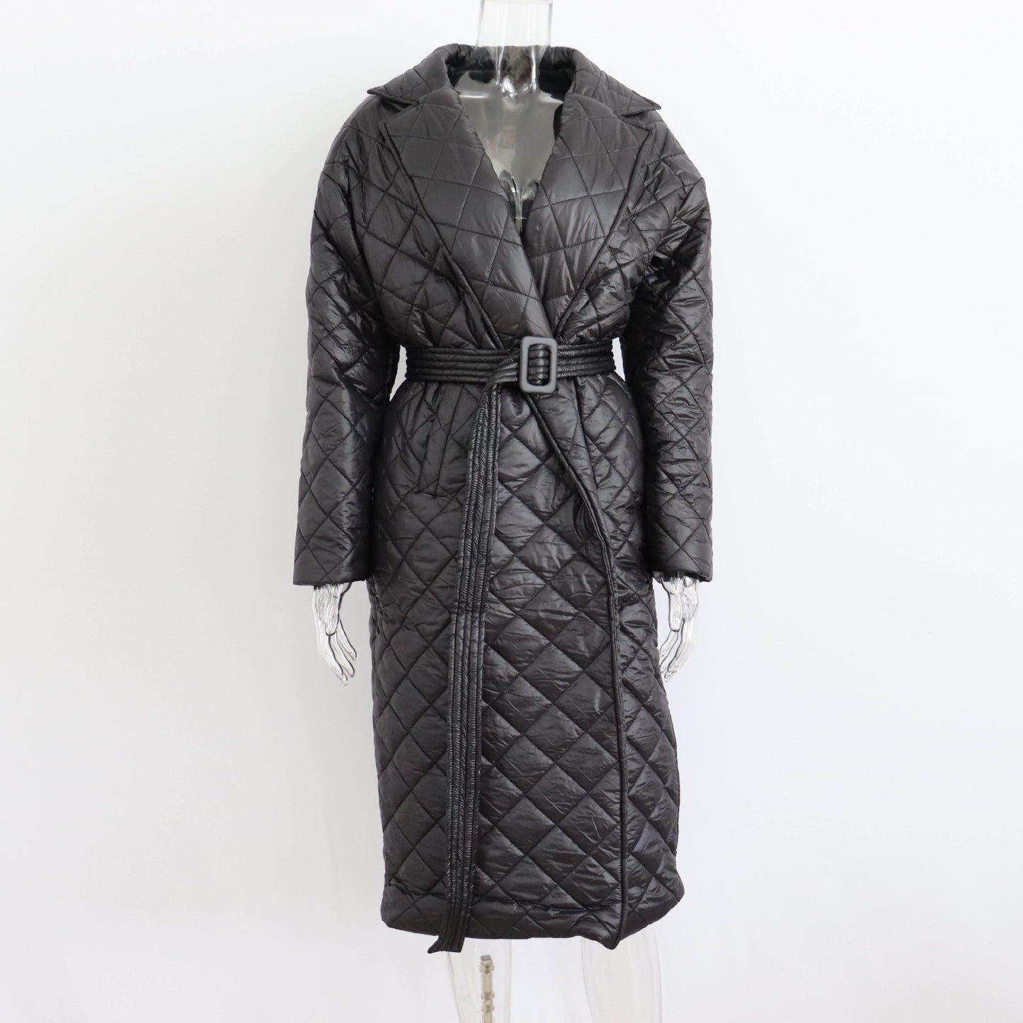 Warm Keeping Cotton Clothing Cotton Padded Coat for Winter Women Rhombus Cotton-Padded Jacket Waist Tight Long Cut Coat Plus Size Coat for Women