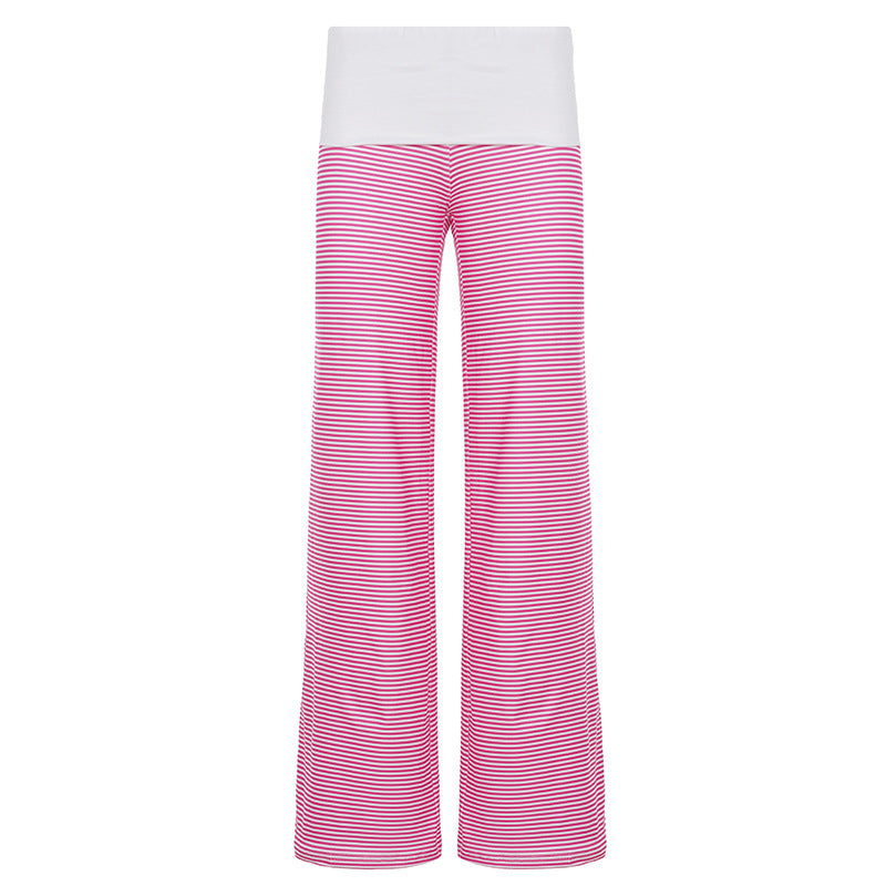 Women Clothing Casual Pajamas Trousers Turn Waist Contrast Color Stripes Knitted Trousers All Match Smooth Straight Leg Trousers