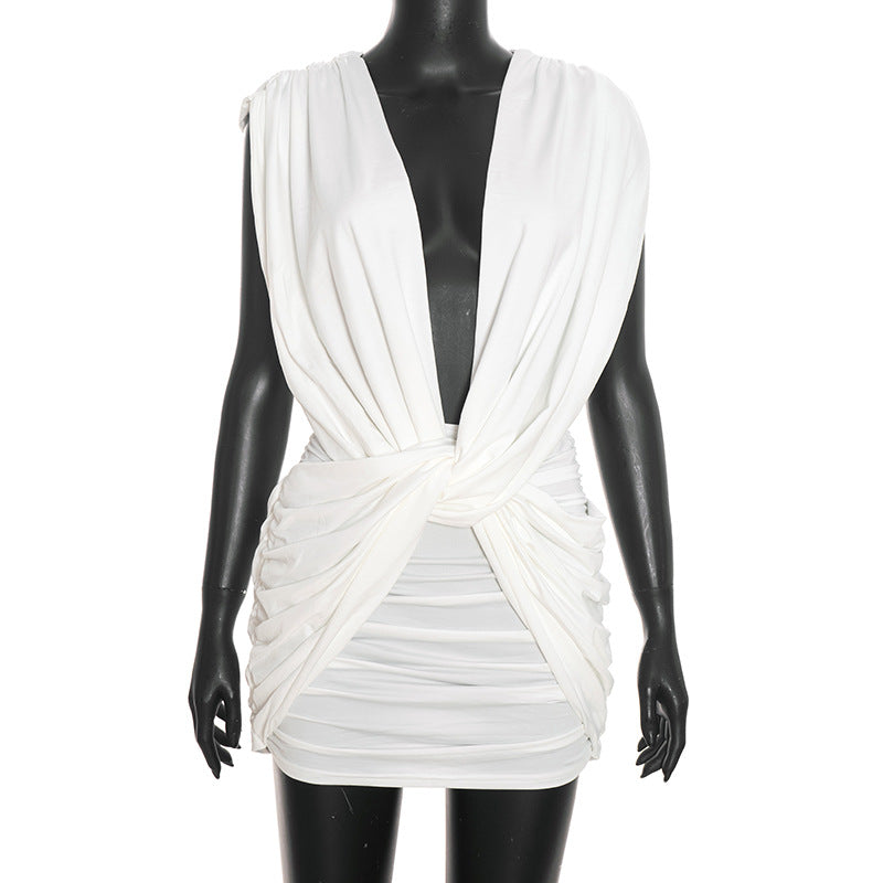 Women Clothing Summer Solid Color Casual Cross Twist Sleeveless Pleated Slim Short Dress