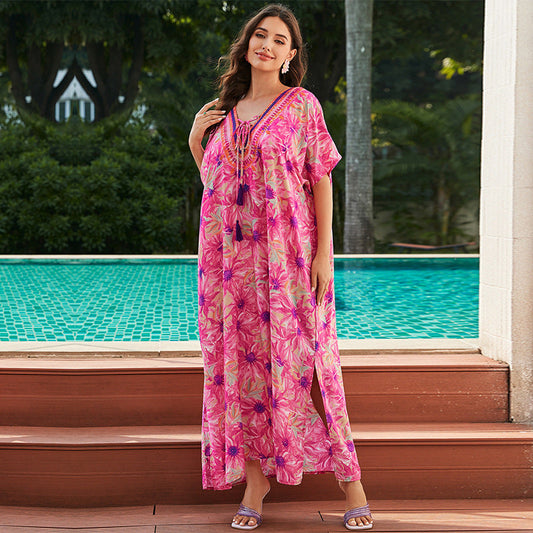 Rayon Printed Beach Cover up Vacation Maxi Dress Loose Robe Bikini Cover-up Sun Protection Shirt