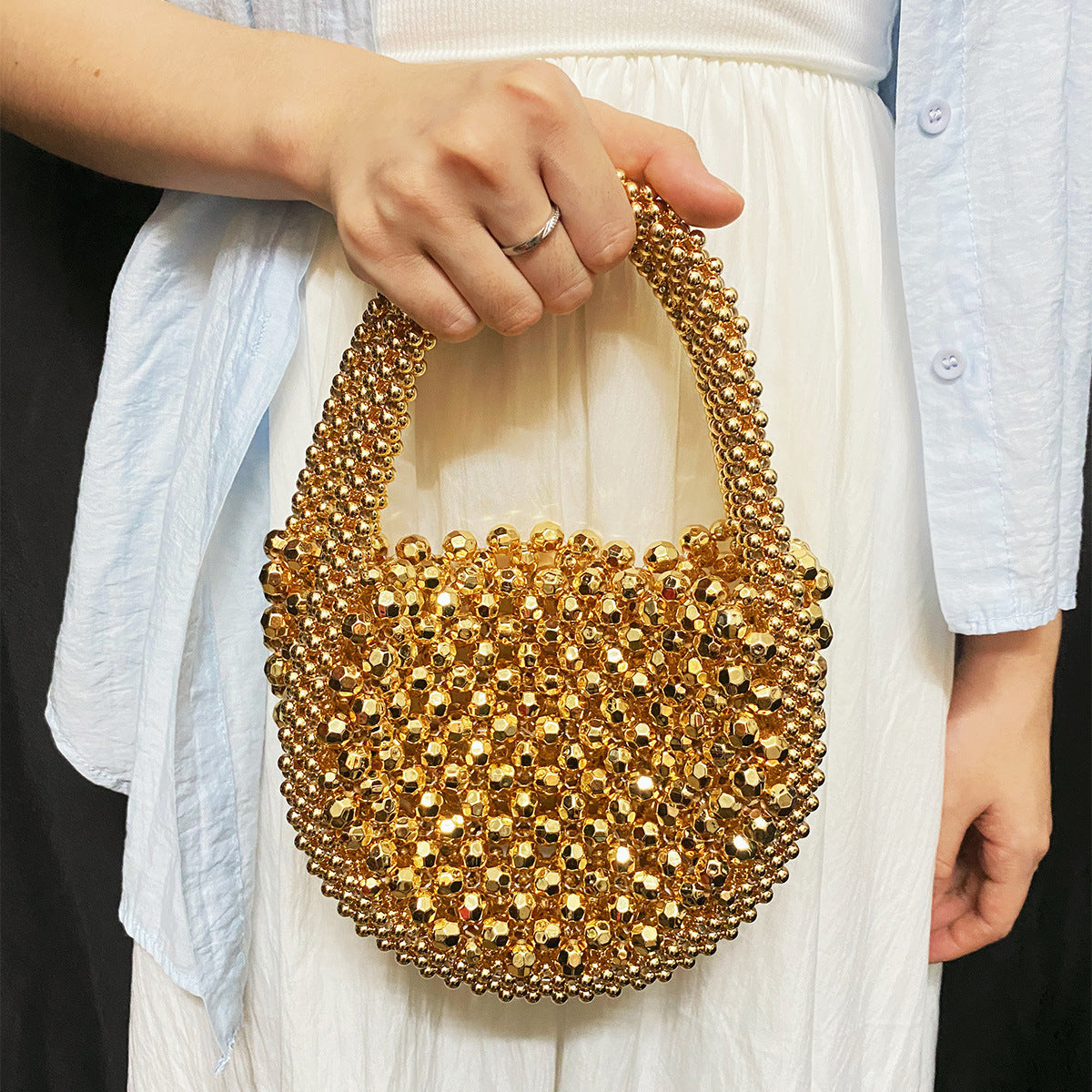 Light Luxury Handmade Beaded Bag Woven French Minority Half Month round Hand Dinner Bag