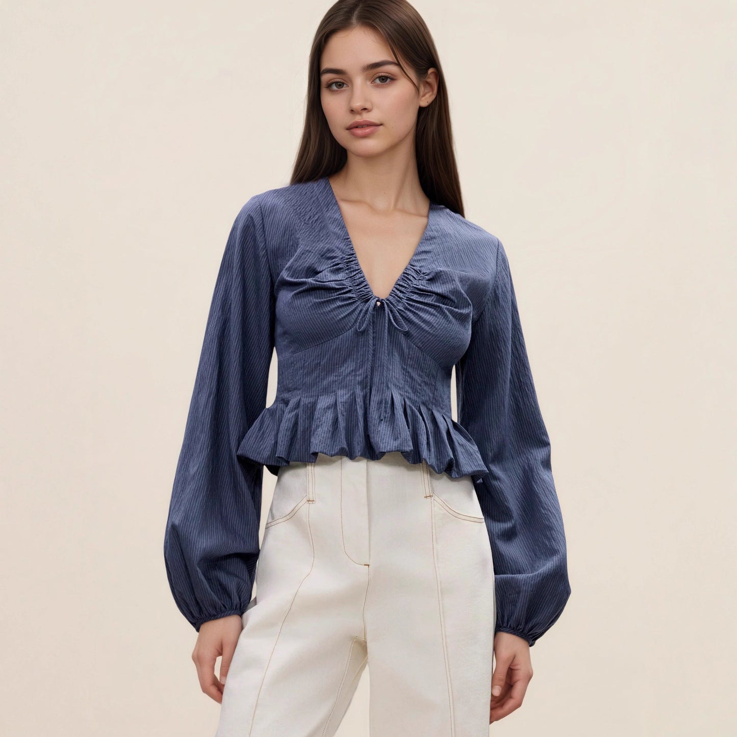Autumn Gentle V neck Drawstring Ruffled Stitching Shirt Long Sleeve Top
