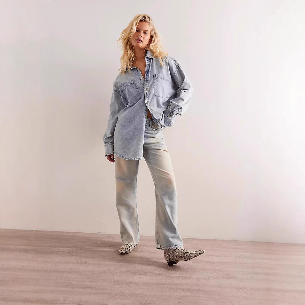 Women Loose Retro Casual Laid Back Denim Shirt