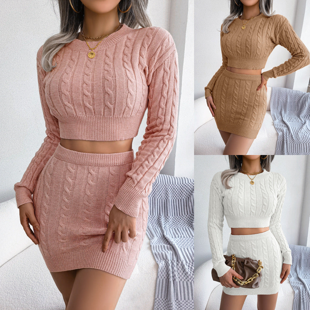 Autumn Winter Casual Twist Cropped Baring Sweater Hip Skirt Women Clothing