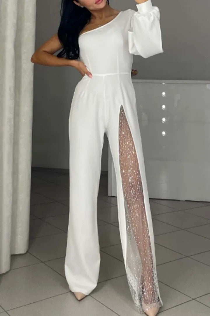 New Fall Winter Sexy Oblique Shoulder High Slit Women Jumpsuit