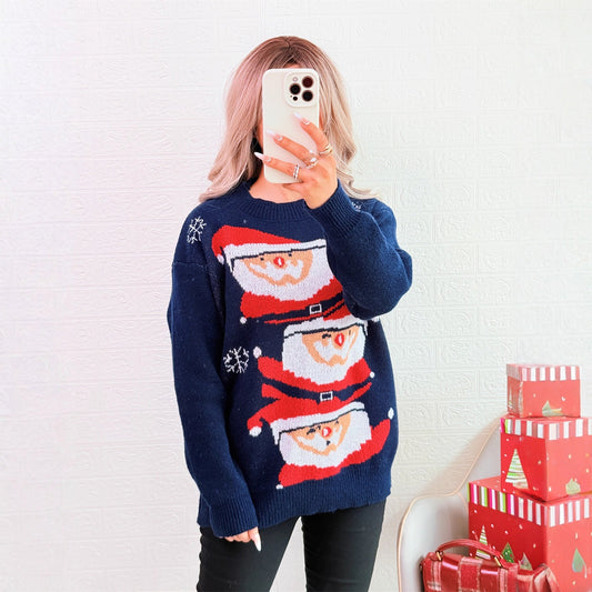 Autumn Winter Christmas Contrast Color Casual Knitted Pullover round Neck Santa Claus Sweater for Women