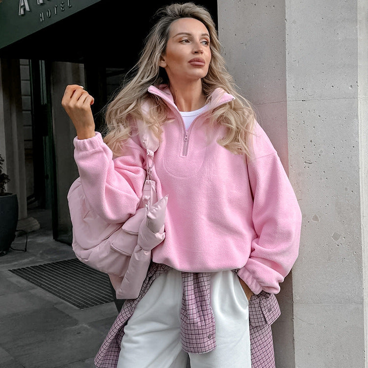 Autumn Winter Lambswool Loose Lapels Pullover Sweatshirt Polar Fleece Women Clothing