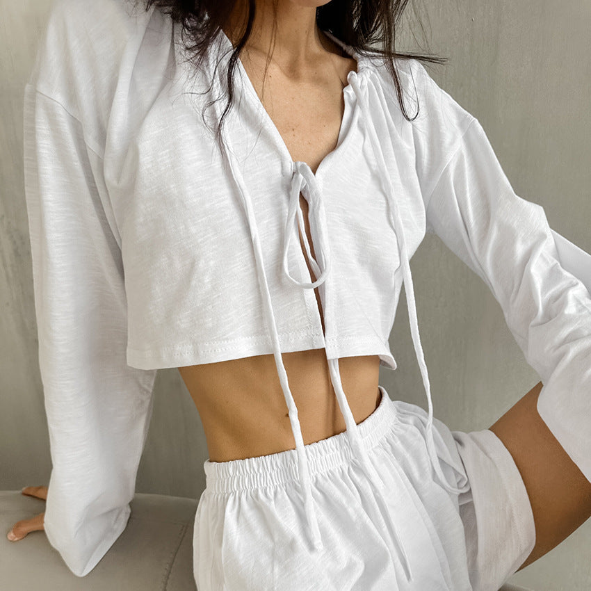 Spring White Pure Cotton Cardigan Lace up Ladies Homewear Casual Long Sleeve Shorts Pajamas Two Piece Set