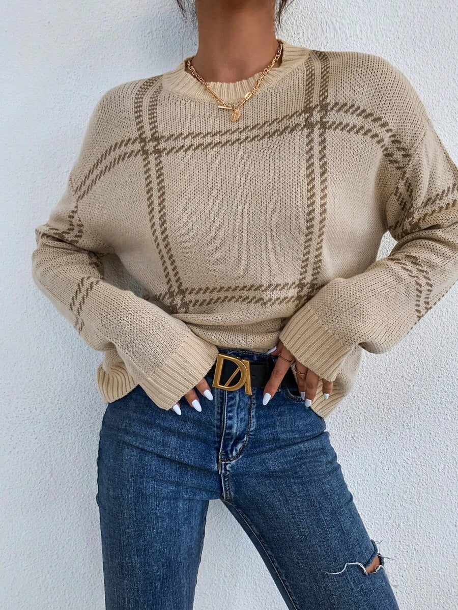 Autumn Winter All Matching Warm round Neck Sweater Women Plaid Drop Shoulder Pullover Sweater