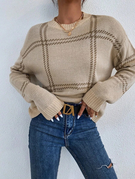 Autumn Winter All Matching Warm round Neck Sweater Women Plaid Drop Shoulder Pullover Sweater