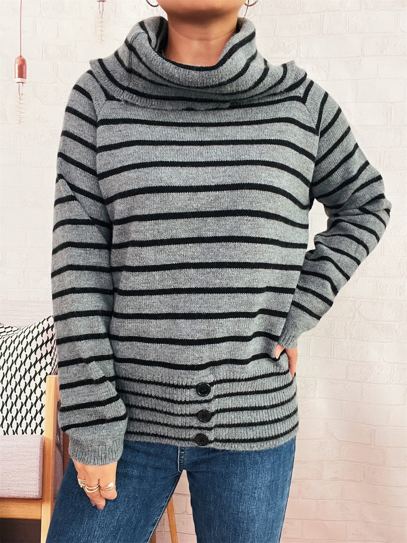 Autumn Winter Retro Office Minimalist Turtleneck Slim Knit Pullover Solid Color Striped Sweater