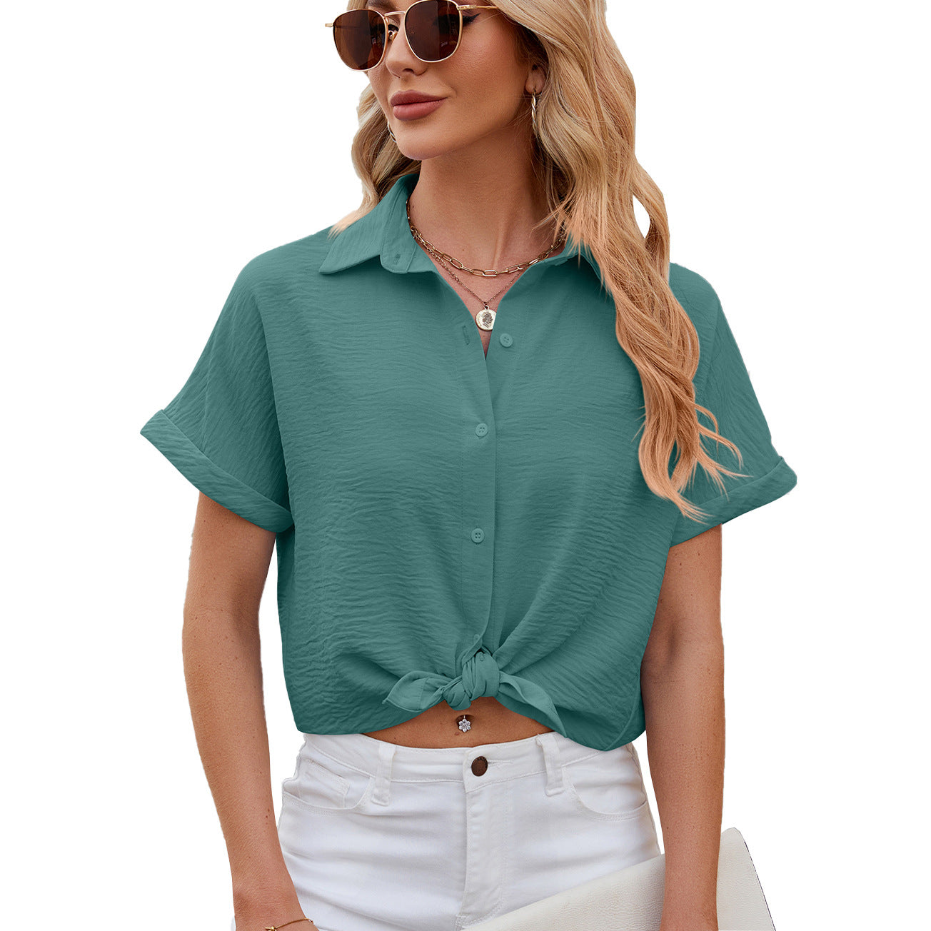 Spring Summer Solid Color Polo Collar Short Sleeved Shirt Button Loose Chiffon Shirt