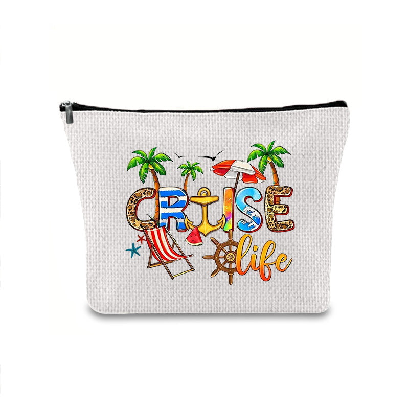 Linen printed cosmetic bag, cosmetic lipstick storage bag, small simple zipper evening clutch bag,