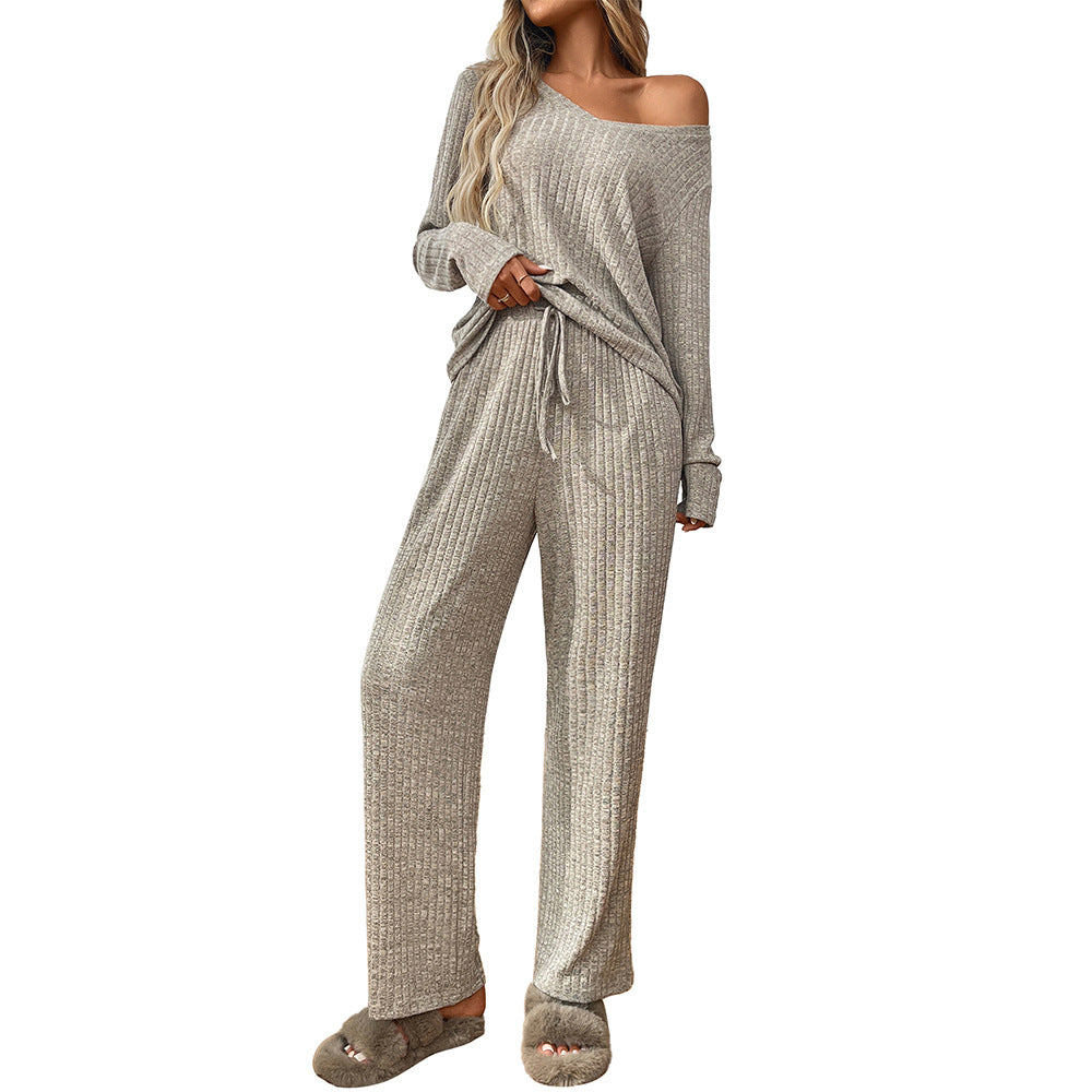 Women Clothing Sunken Stripe Pajamas round Neck Long Sleeve Trousers Home Wear Set