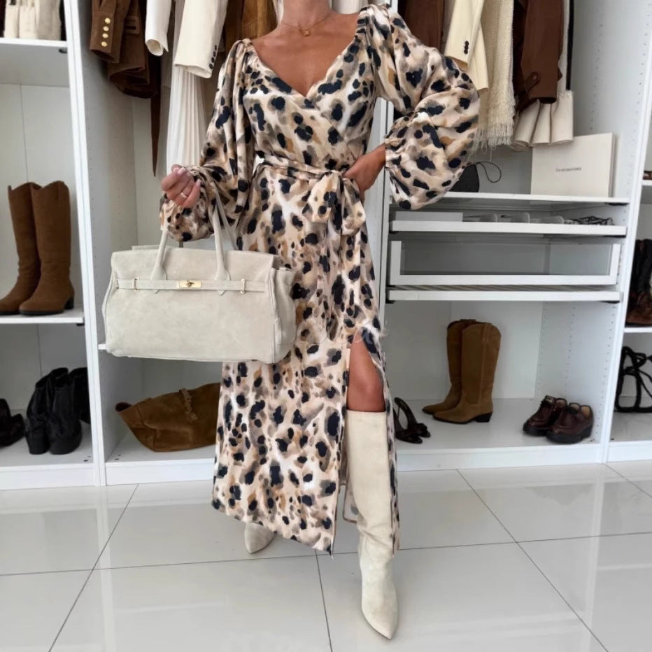 Autumn Winter Printed Waist Controlled Hem Slit Long Sleeve Dress for Women