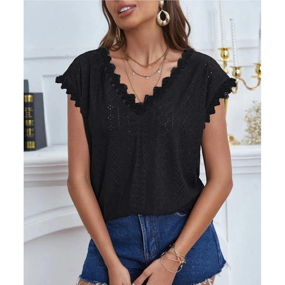 Summer Lace Edge V Neck Shirt White Hollow Out Cutout Out Design Short Sleeve Lining