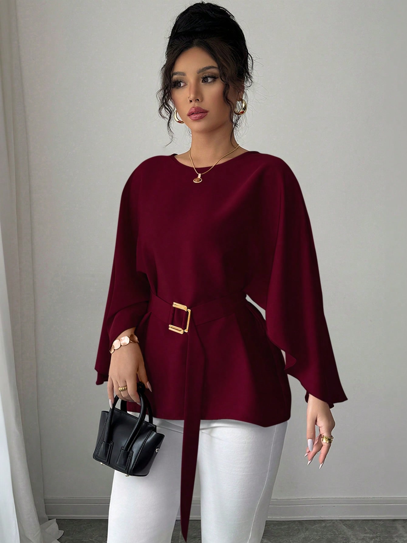 French Retro Trumpet Sleeve Round Neck Elegant Slimming Sense Design Top