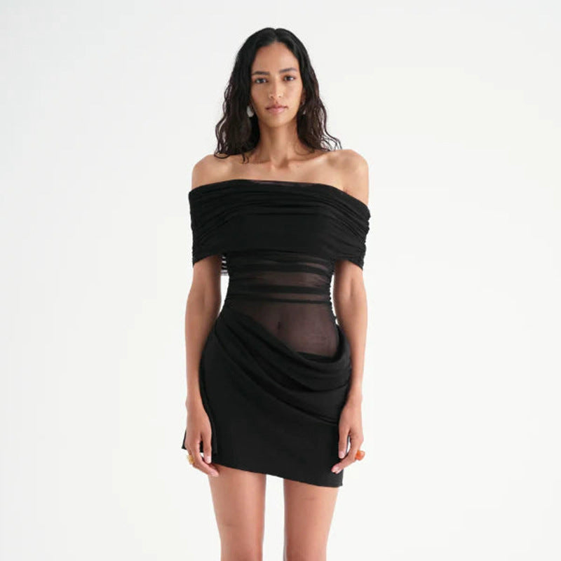 Women Clothing Mesh Stitching off Neck Transparent Slim Fit Sheath Dress
