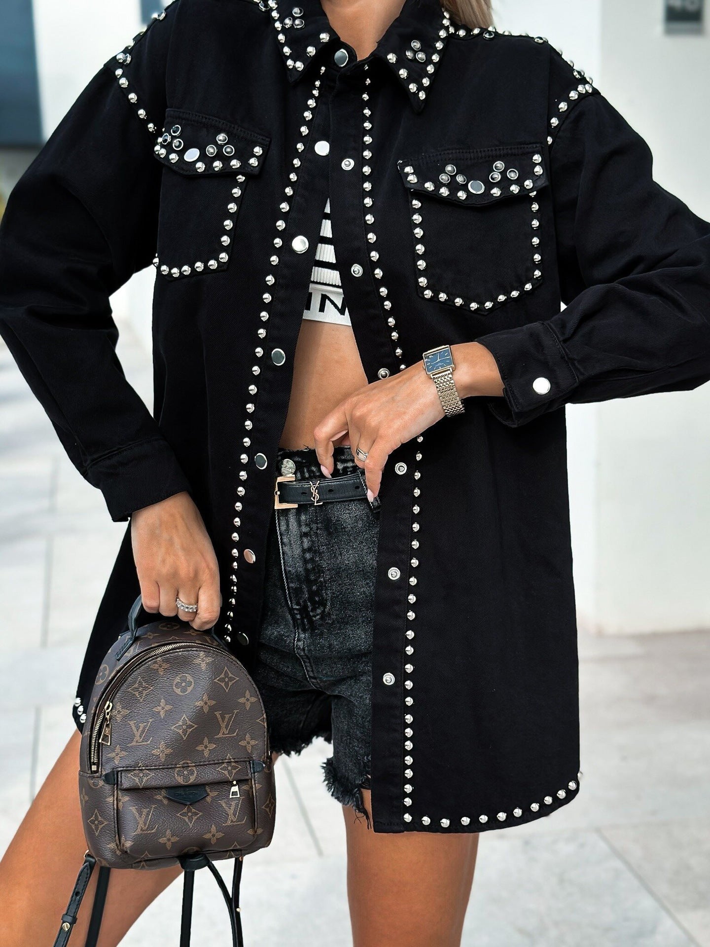 Spring Retro Street Rivet Loose Denim Jacket Women