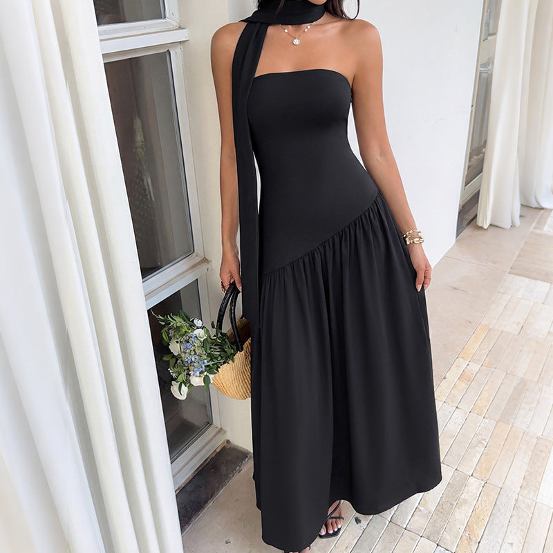 Minimalist Affordable Luxury Black Tube Top Stitching Big Swing Dress