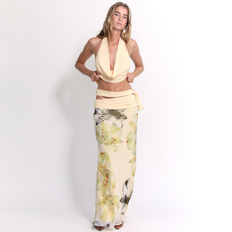 Spring Summer Women Sexy Backless Halter Top Slim Printed Dress Three Piece Sets Women