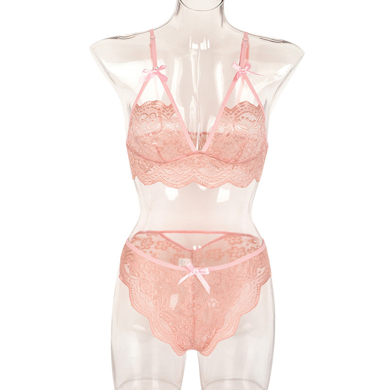 Sexy Two Piece Set Autumn Lace Splicing Tape Bow Sexy Lingerie Set