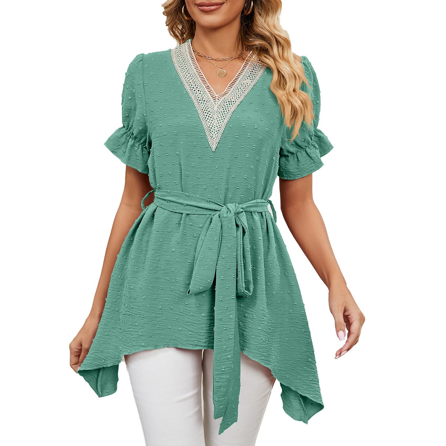 Spring Summer Solid Color Jacquard V Neck Loose Lace Up Chiffon Blouses Women
