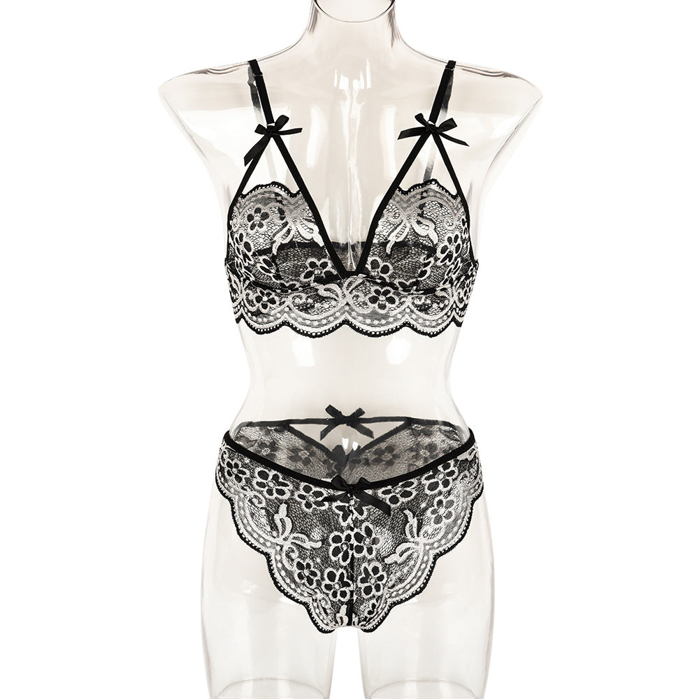 Sexy Two Piece Set Autumn Lace Splicing Tape Bow Sexy Lingerie Set