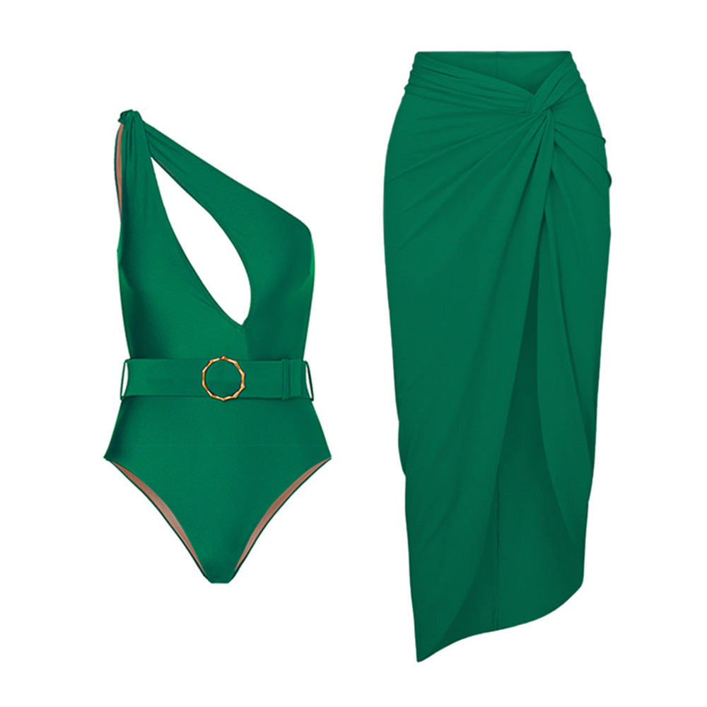 Solid Color One Piece Swimsuit Women Vacation Suit Skirt Swimsuit