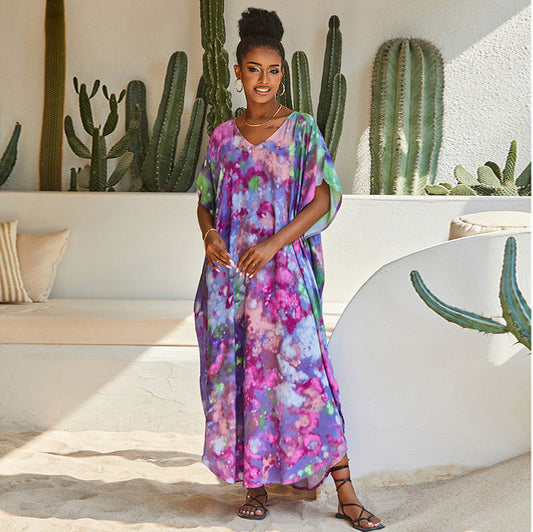 Rayon Purple Printed Beach Cover up Vacation Maxi Dress Robe Beach Cover Up
