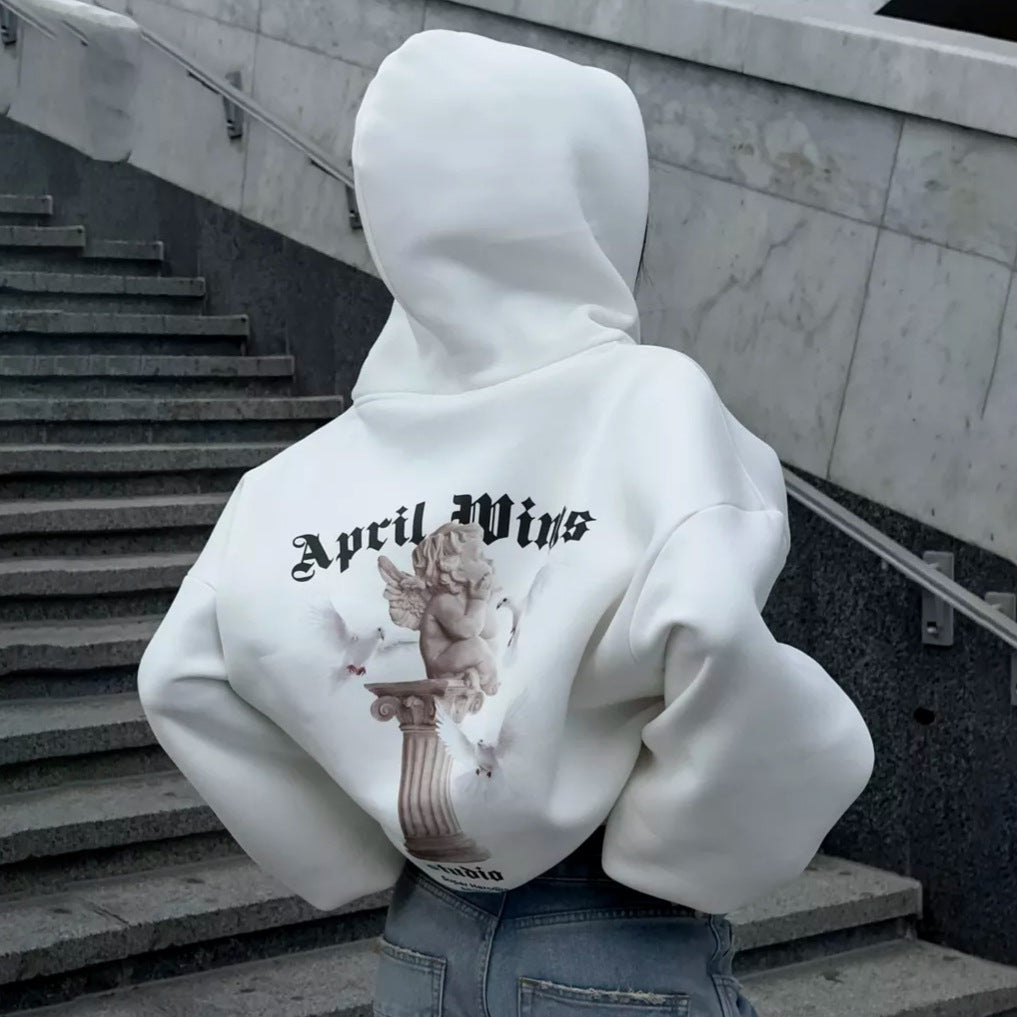 Loose Personality Trendy Sexy Casual Top Angel Print Hooded Zipper Sweatshirt for Women Spring Autumn