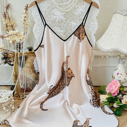 Sexy Casual Homewear Emulation Silk Nightgown Pajamas Simple Cardigan Lace Bathrobe Women