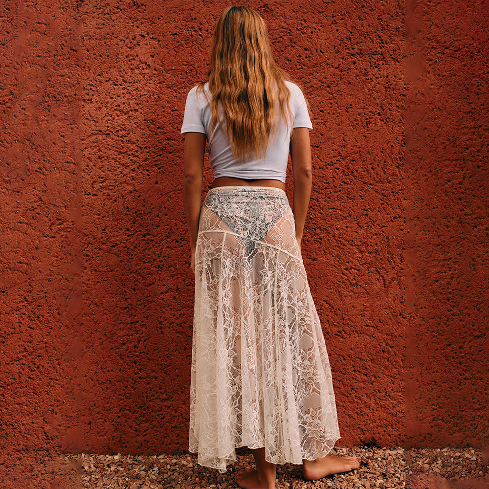 Women Lace See through Sexy Low Waist Skirt Solid Color Summer All Match Tutu Inner Wear Skirt