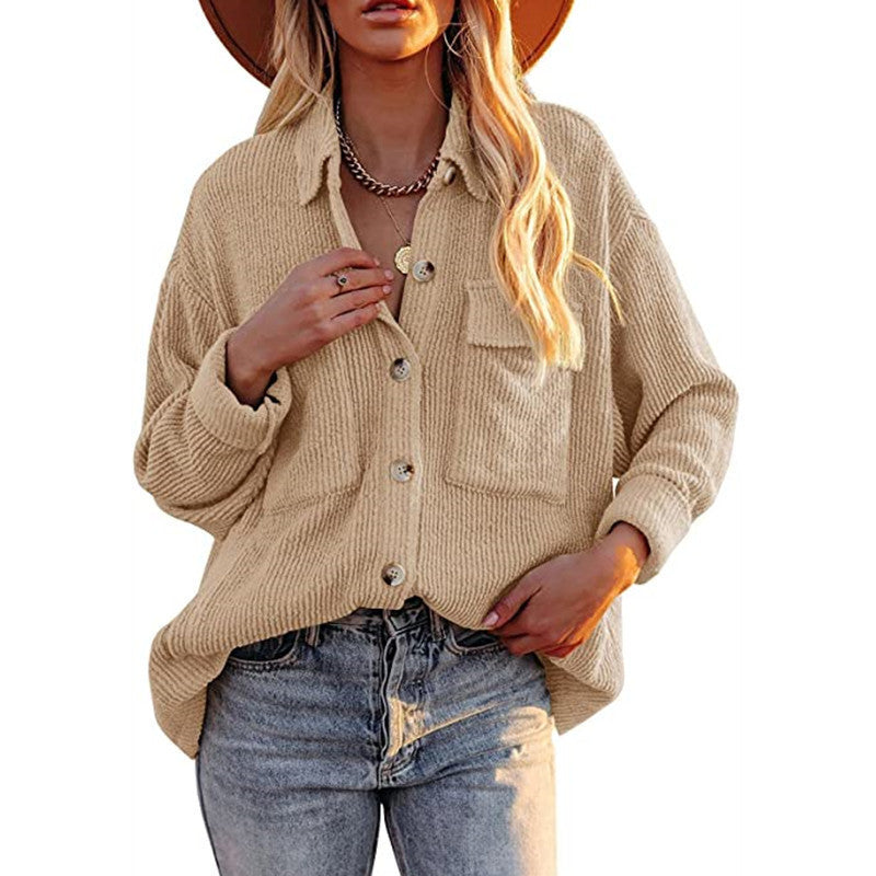 New Autumn Winter Shacket Solid Color Loose Corduroy Pocket Long Sleeve Outerwear