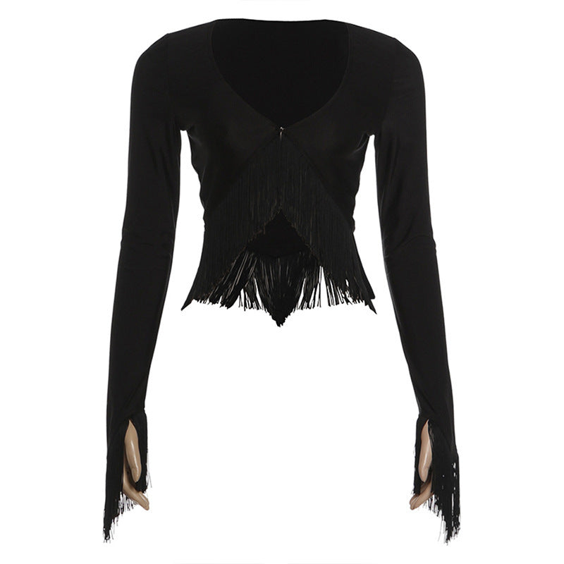 Summer Women Sexy Cropped Large V neck Tassel Long Sleeved Top