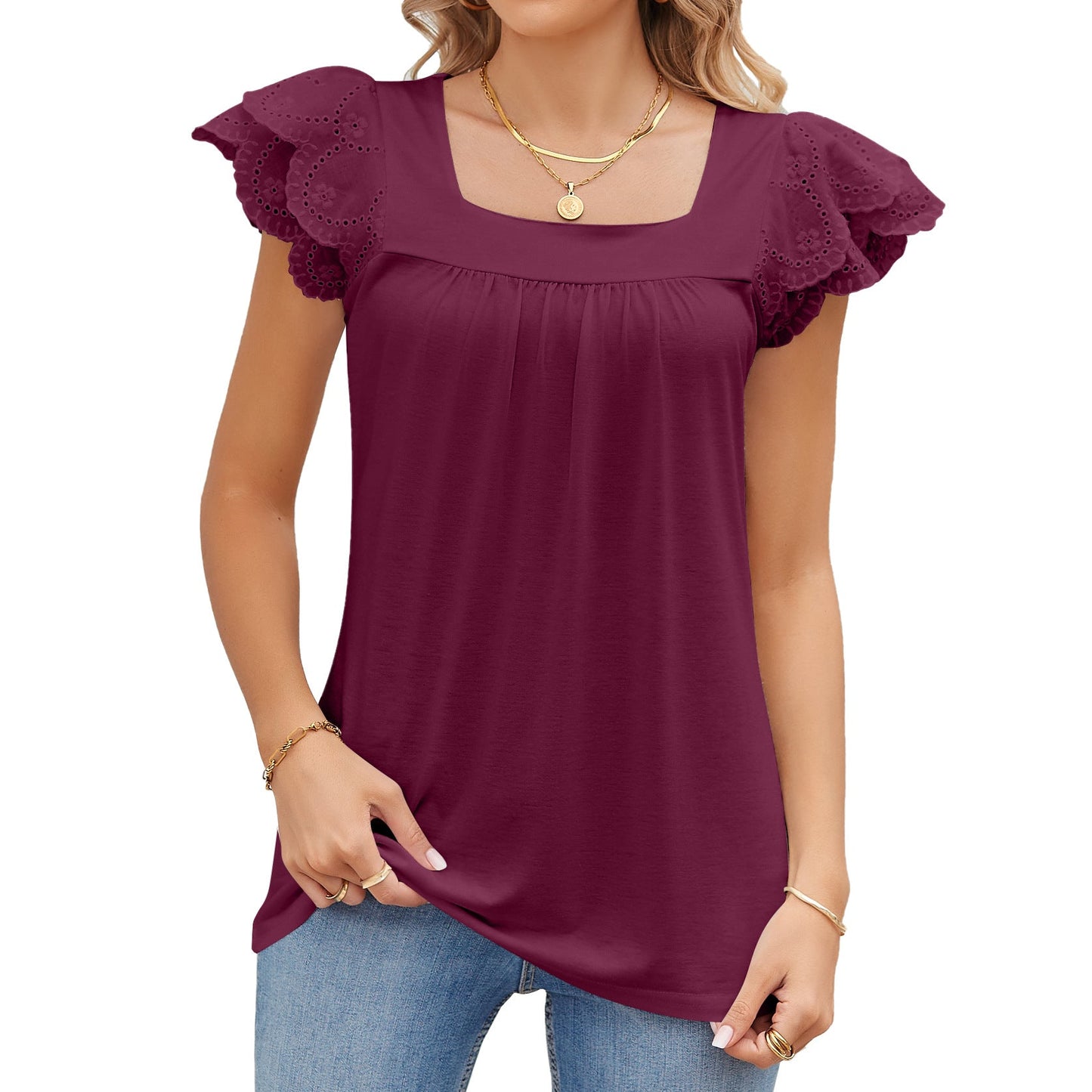 Summer Solid Color Lace Stitching Square Collar Petals Short Sleeve T Shirt Top Women